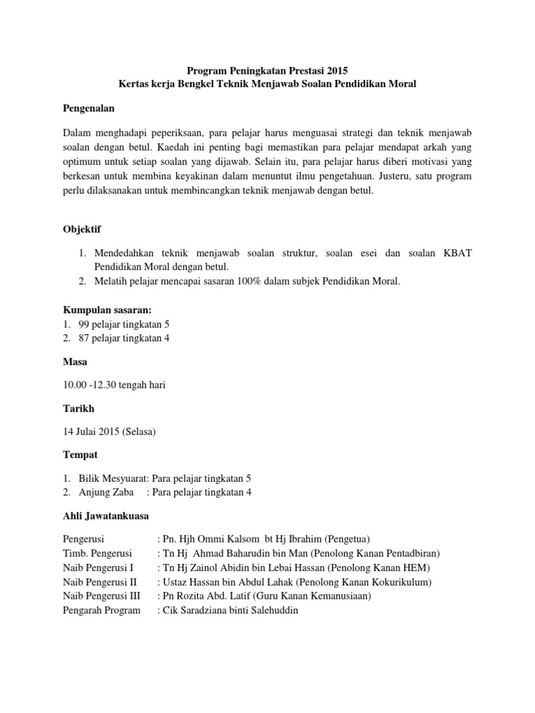 Kertas Kerja Bengkel Teknik Menjawab Soalan Moral 2015 Pdf