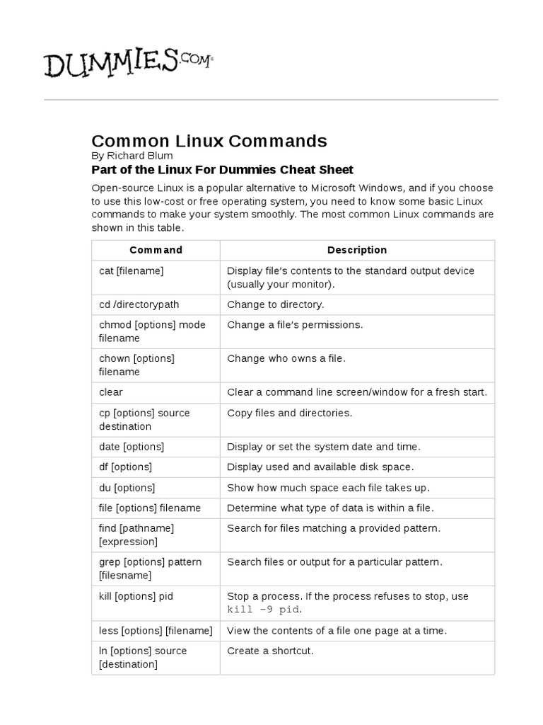 Common Linux Commands Part Of The Linux For Dummies Cheat Sheet Filename Computer File