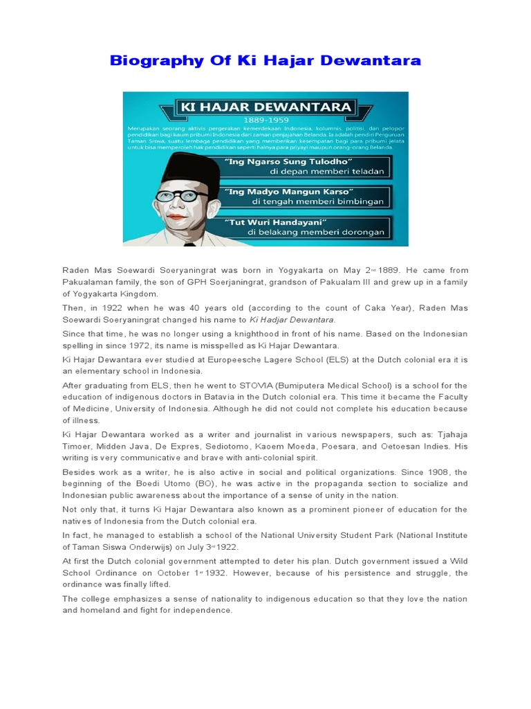 Biography of Ki Hajar Dewantara Indonesia Religion And 