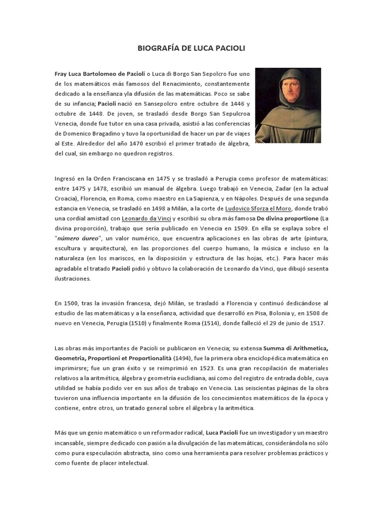 Biografía de Luca Pacioli | Física y matemáticas | Matemáticas