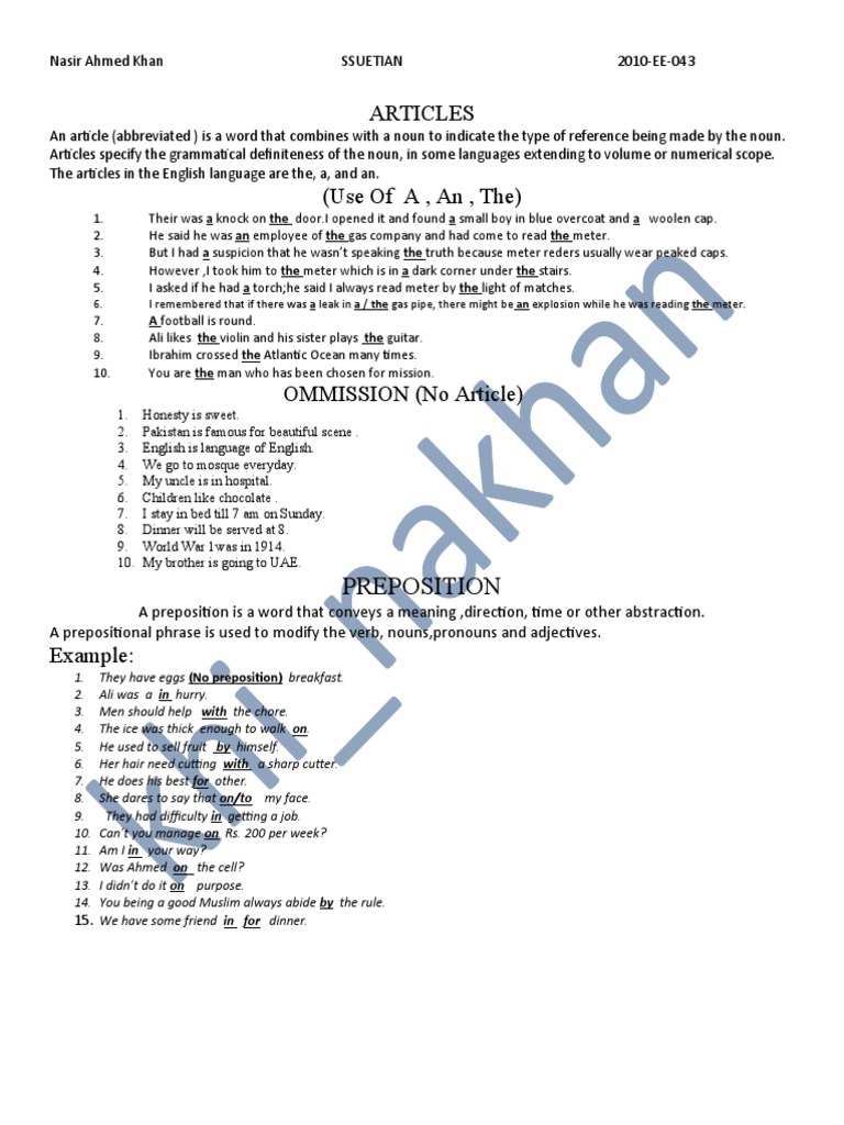 Article and Prepositions | PDF | Noun | Preposition And Postposition