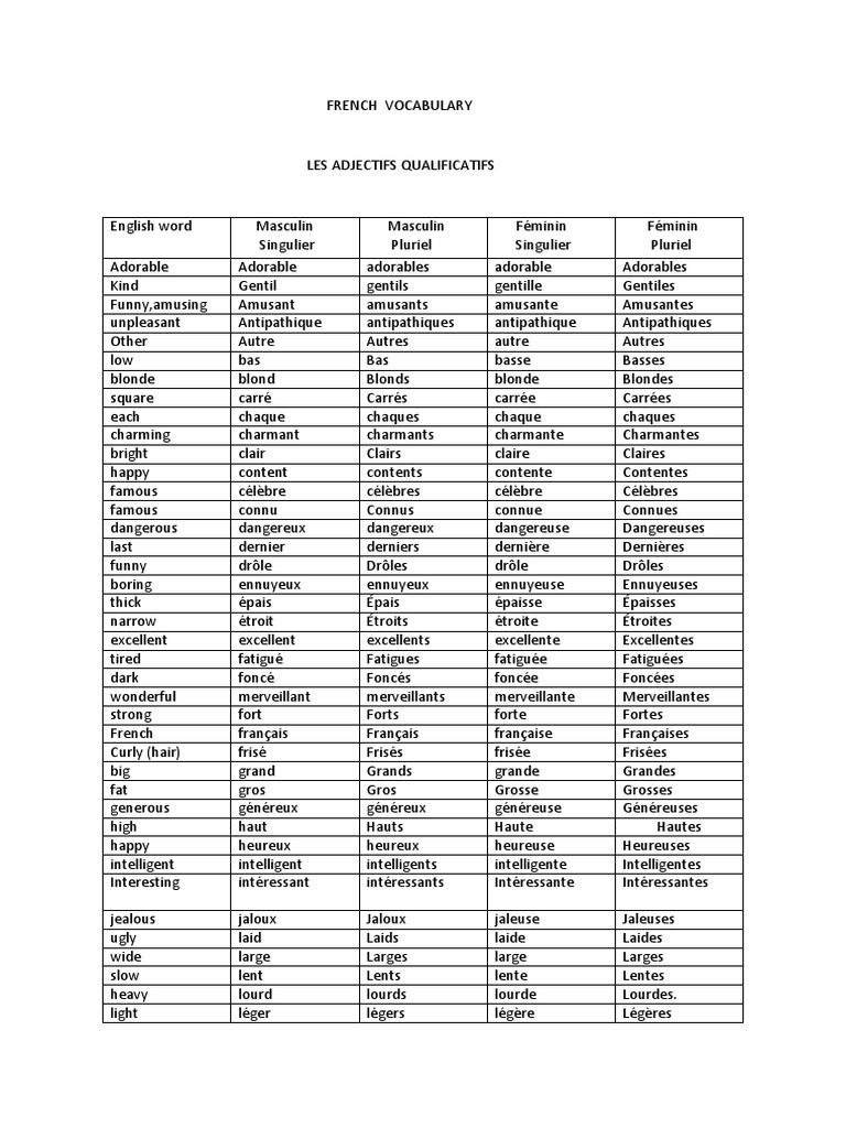 French Descriptive Adjectives Worksheet