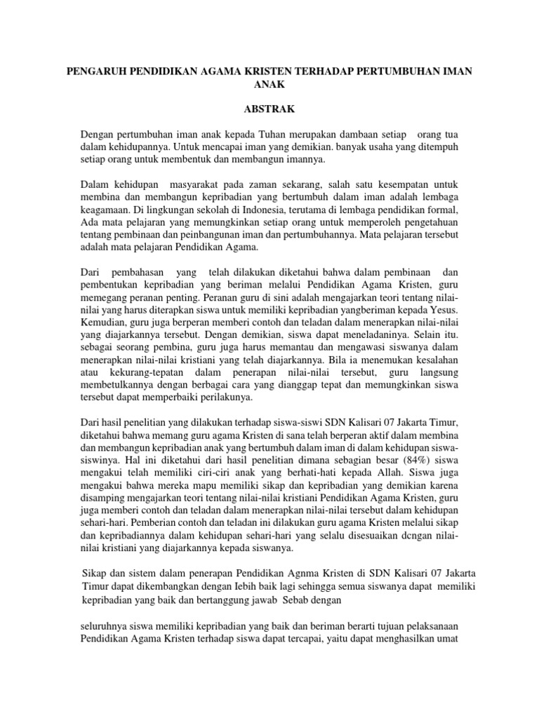 Pengaruh Pendidikan Agama Kristen Terhadap Pertumbuhan Iman Anak Pdf