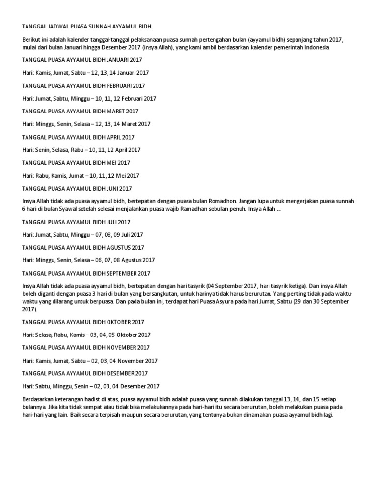 Tanggal Jadwal Puasa Sunnah Ayyamul Bidh