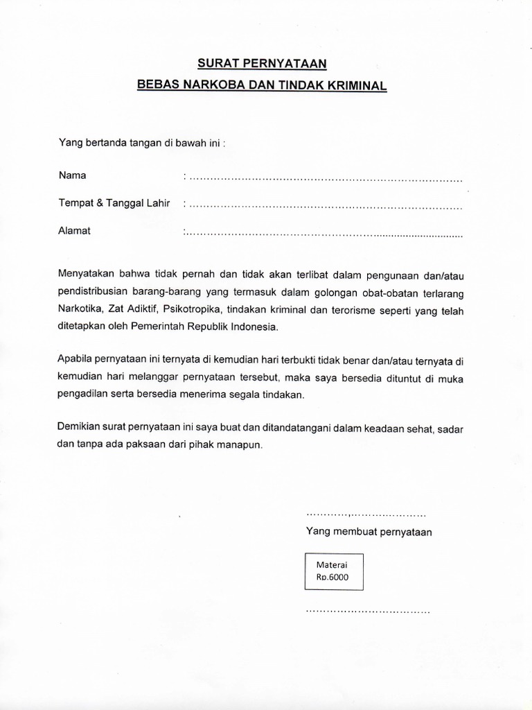 Surat Pernyataan Bebas Narkoba Dan Tindak Kriminal