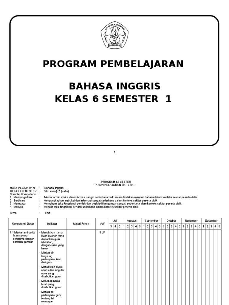 Promes Bahasa Inggris. Kelas 6 Semester 1.doc