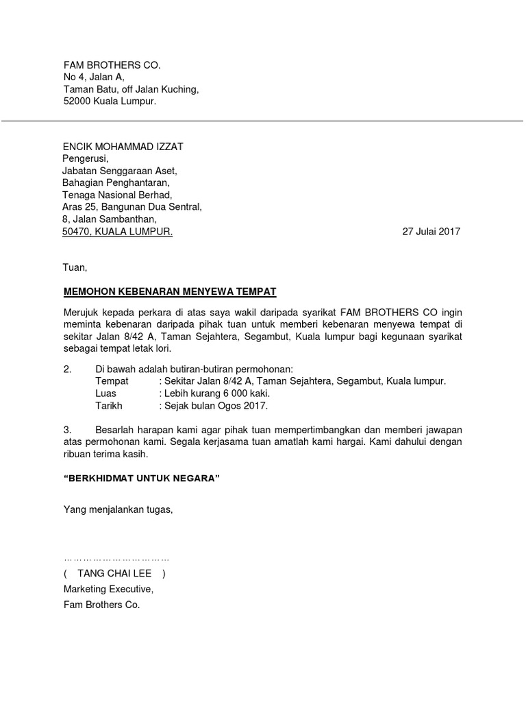 Surat Rasmi Permohonan Penggunaan Tempat Pdf