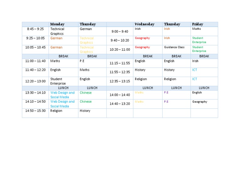 Student Weekly Class Schedule | PDF