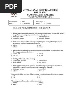 Soal Uas Penjas Semester 1 Smp Kelas Ix