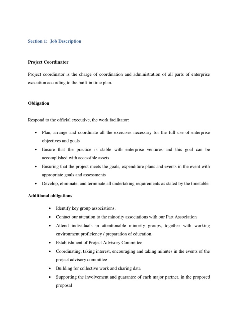 Section 1: Job Description: Project Coordinator | PDF | Linked In | Google+