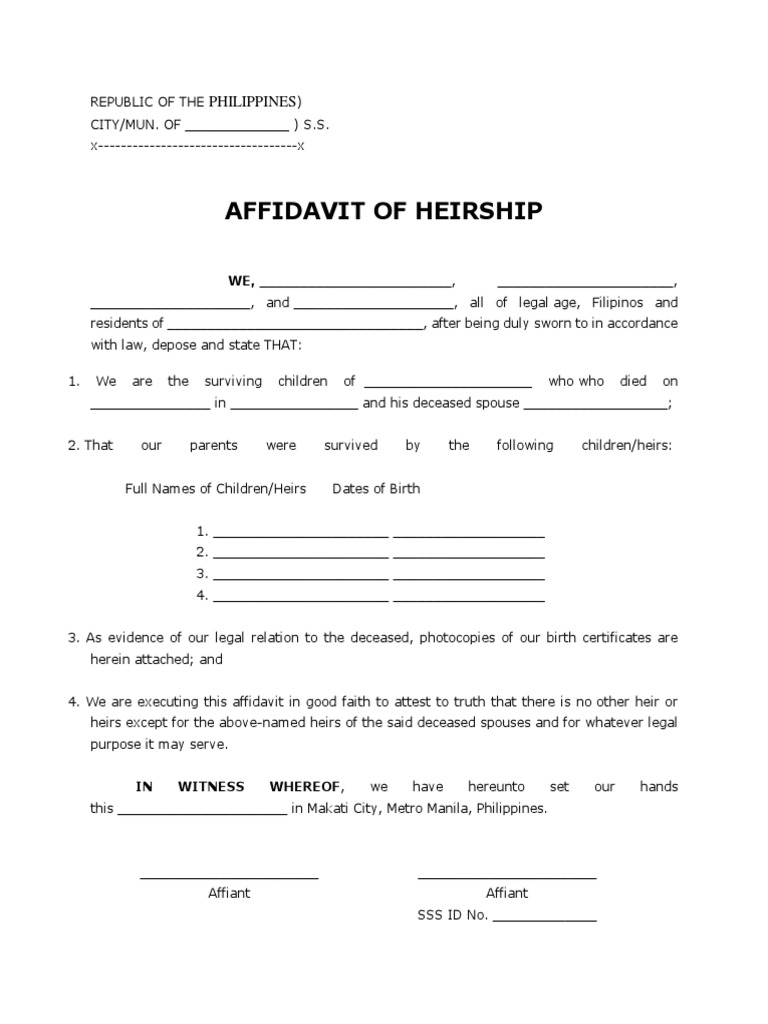 Sample Affidavit Of Heirship Affidavit Civil Law Common Law