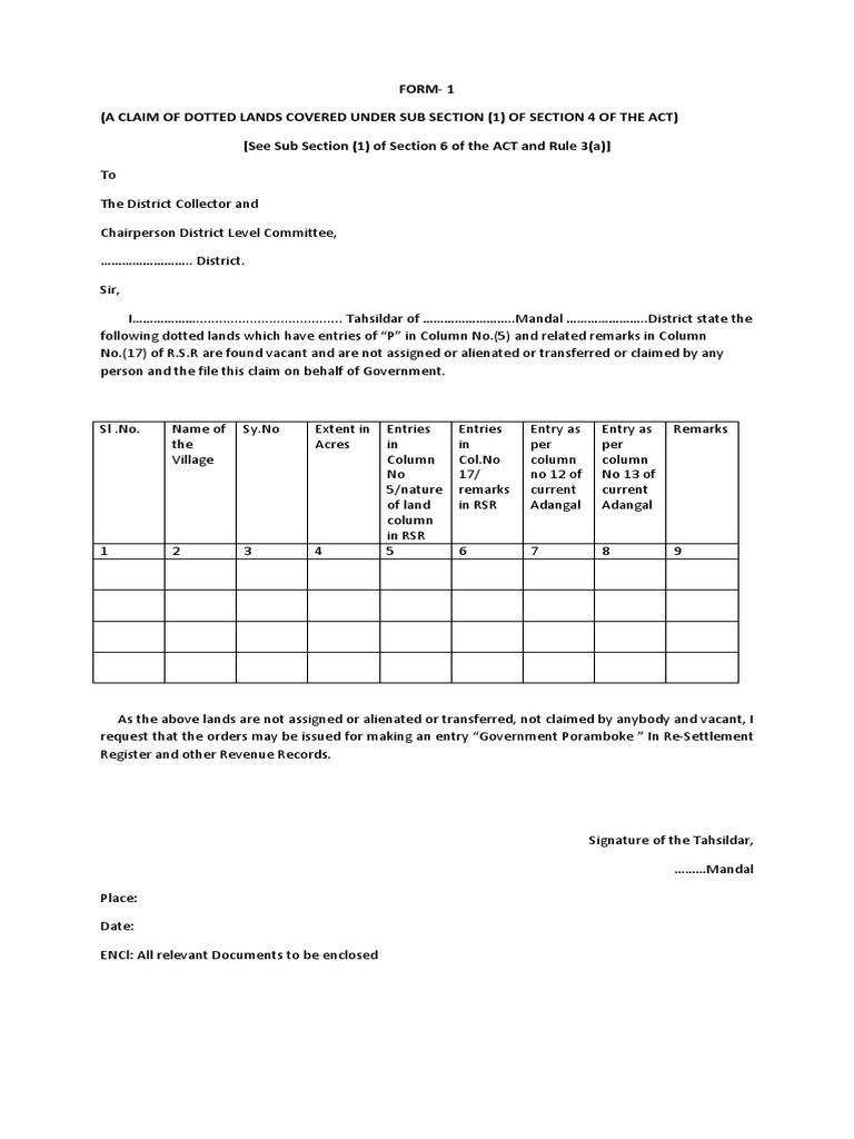 FORM 1 (Tahsildar)Claims Under Andhra Pradesh Dotted Lands (Updation