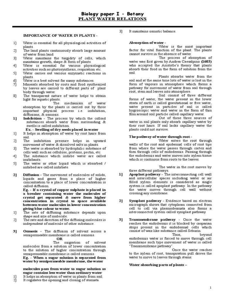 Biology Paper I - Botany Plant Water Relations | PDF | Stoma | Osmosis