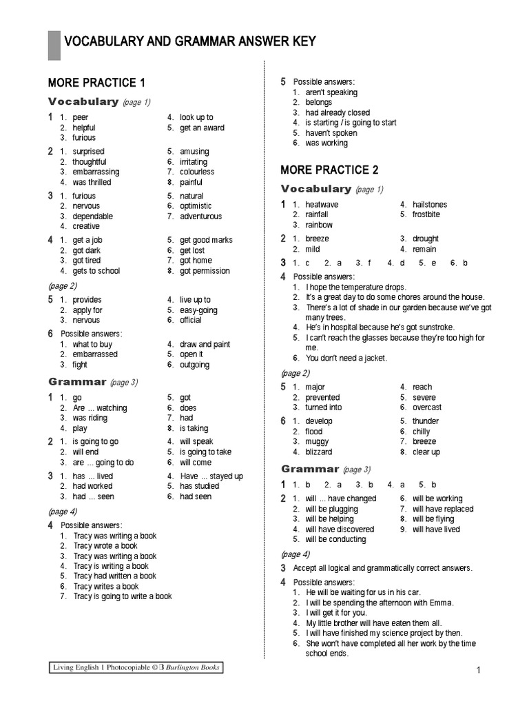 Vocabulary and Grammar Practice Key | PDF