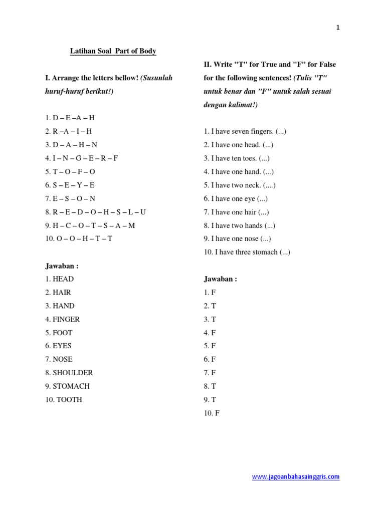 Latihan Soal Part of Body  PDF