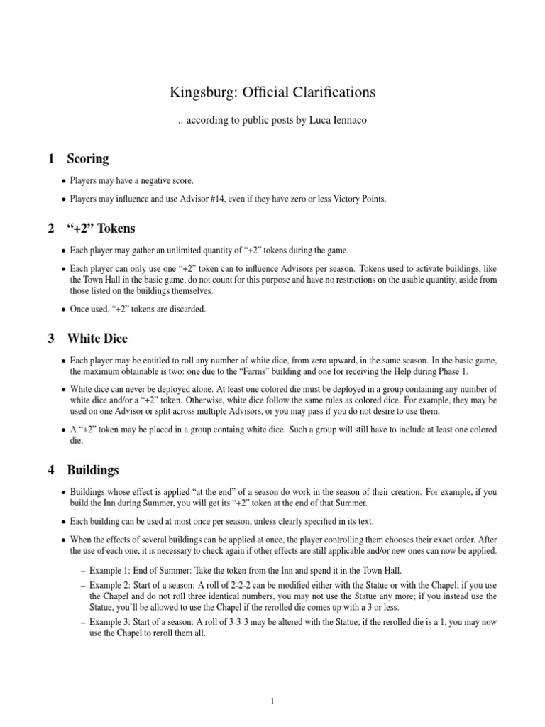 Kingsburg Official Clarifications PDF Gaming Leisure
