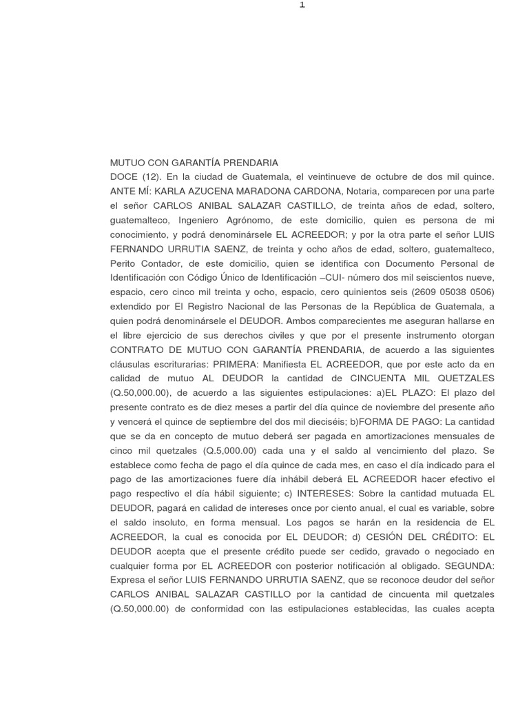 Contrato de Mutuo con Garantía Prendaria | PDF | Pagos