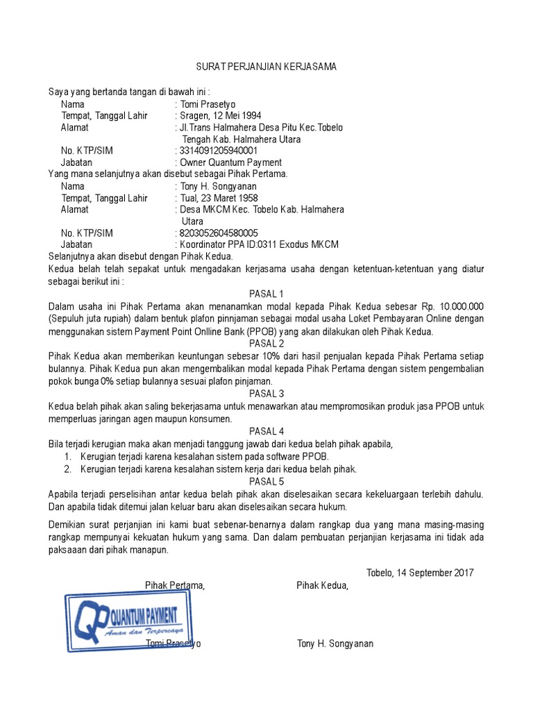 Surat Perjanjian Kerjasama Bagi Hasil