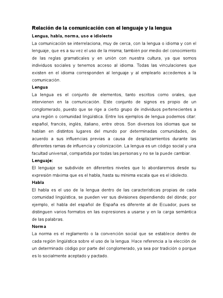 Relación de La Comunicación Con El Lenguaje y La Lengua | PDF ...