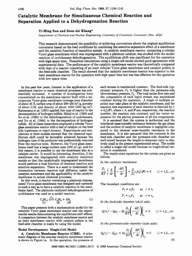Catalytic Membrane Reactor for Dehydrogenation | PDF | Chemical Reactor ...
