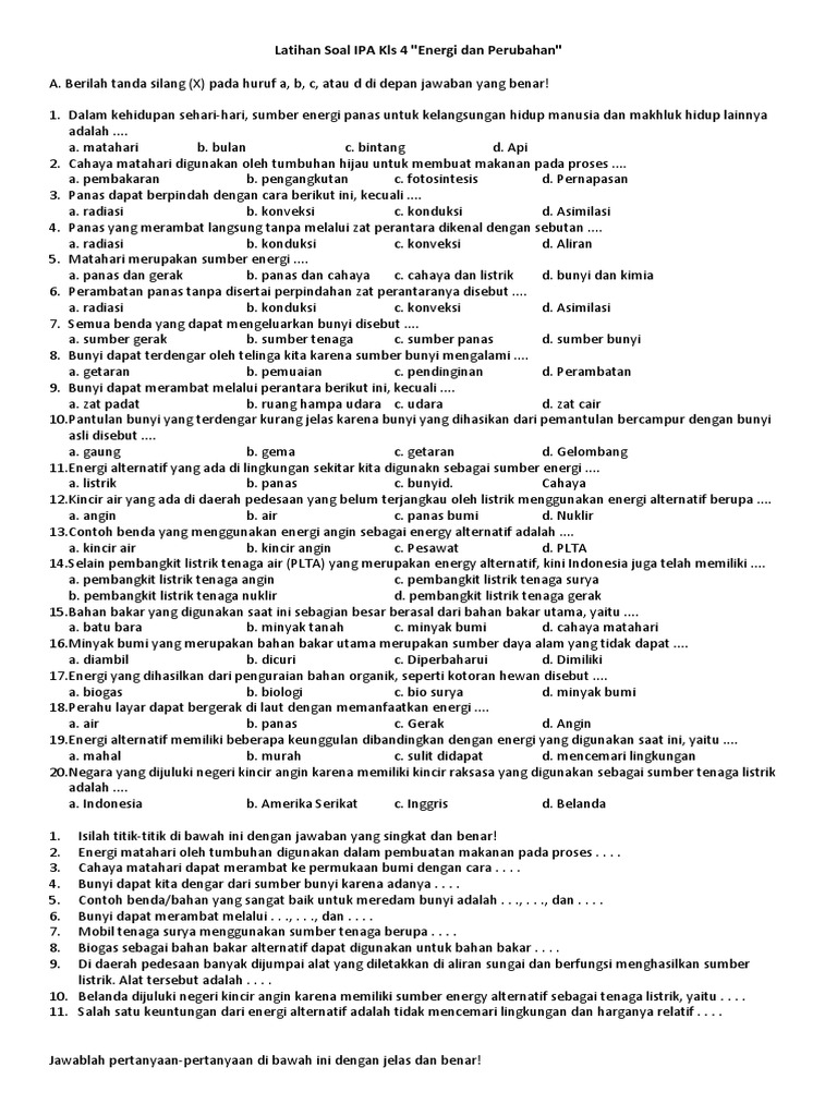 Soal Ipa Kelas 4 Sd Materi Energi