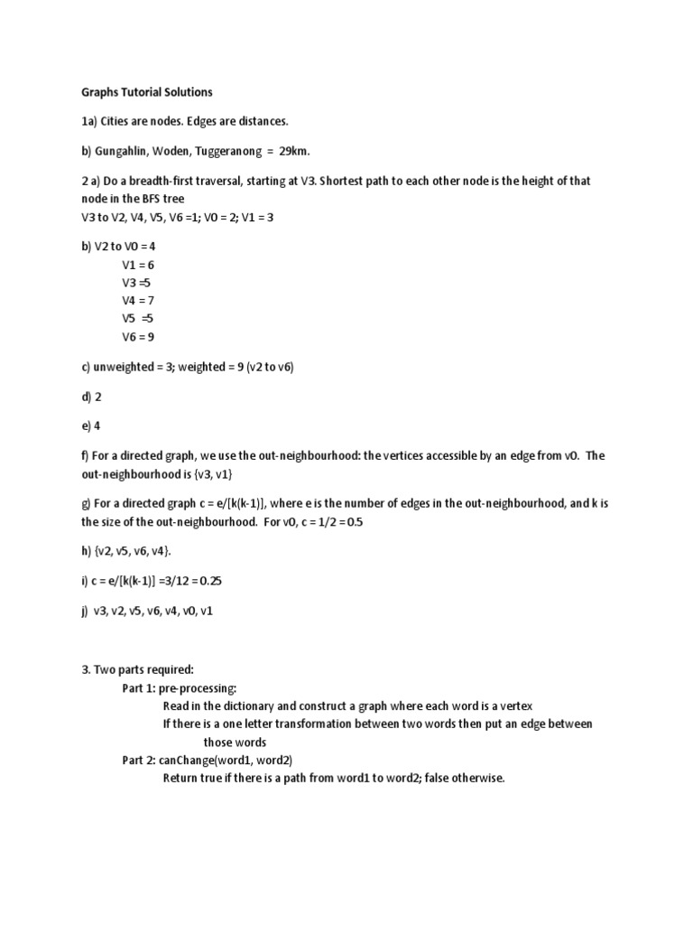 Graphs Tutorial Solutions | PDF | Graph Theory | Mathematical Concepts