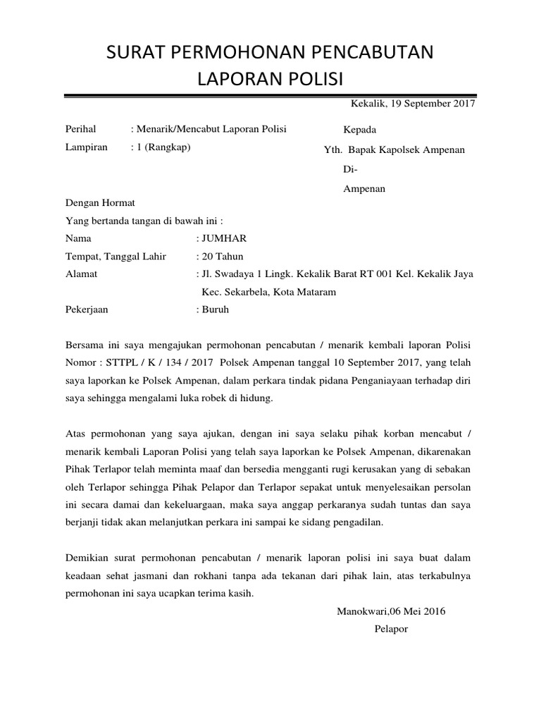 317152719 Surat Permohonan Pencabutan Laporan Polisi