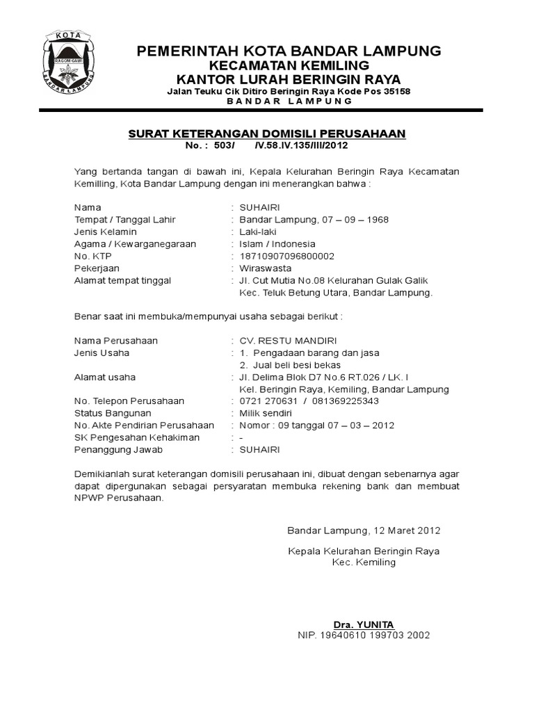 Contoh Surat Keterangan Domisili Lembaga