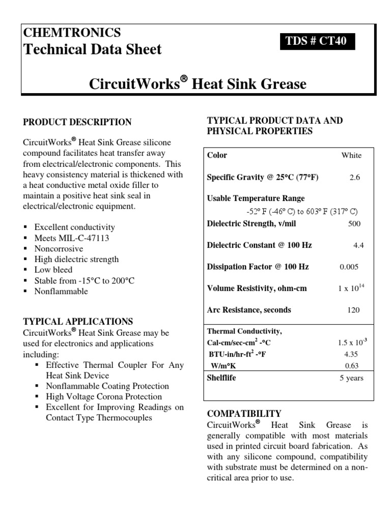 Technical Data Sheet Circuitworks Heat Sink Grease Chemtronics PDF
