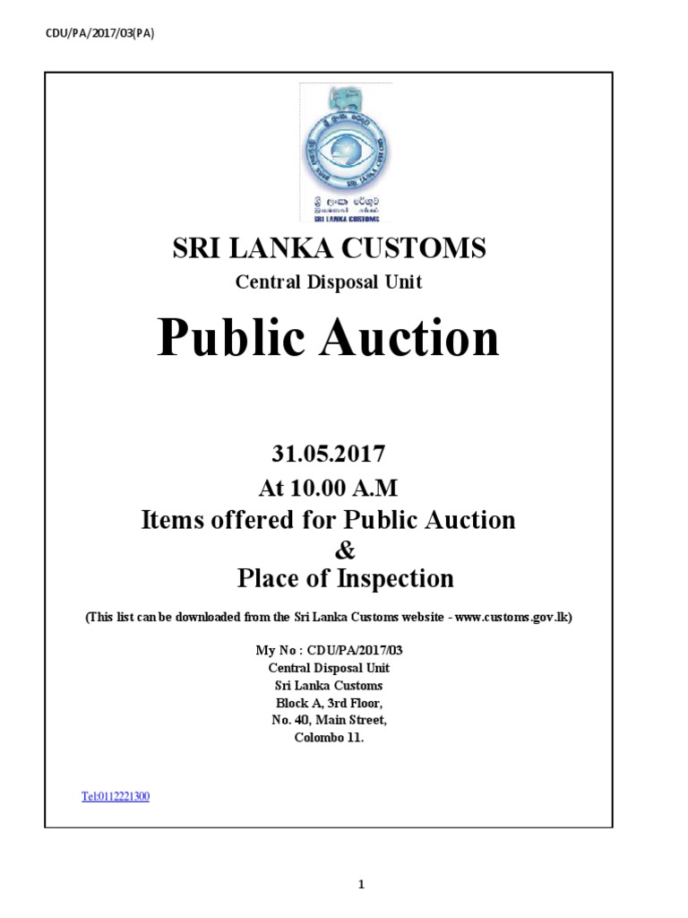 2017PA03 Sri Lanka Customs Public Auction PDF Auction Business