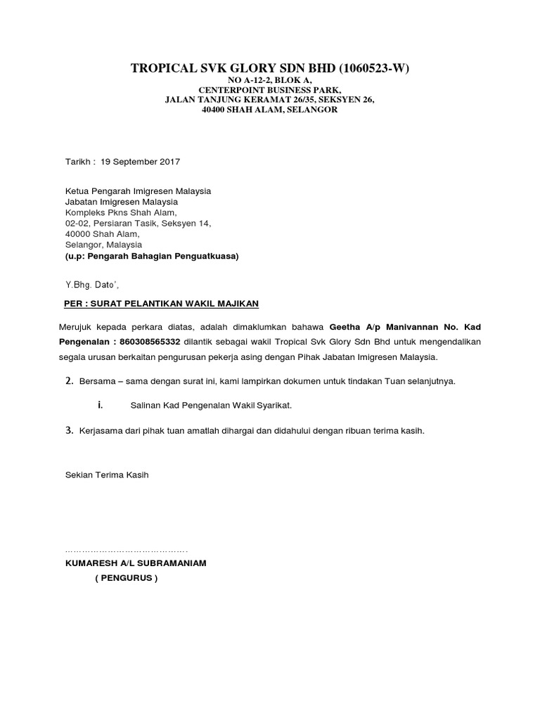 Contoh Surat Wakil Kepada Tnb