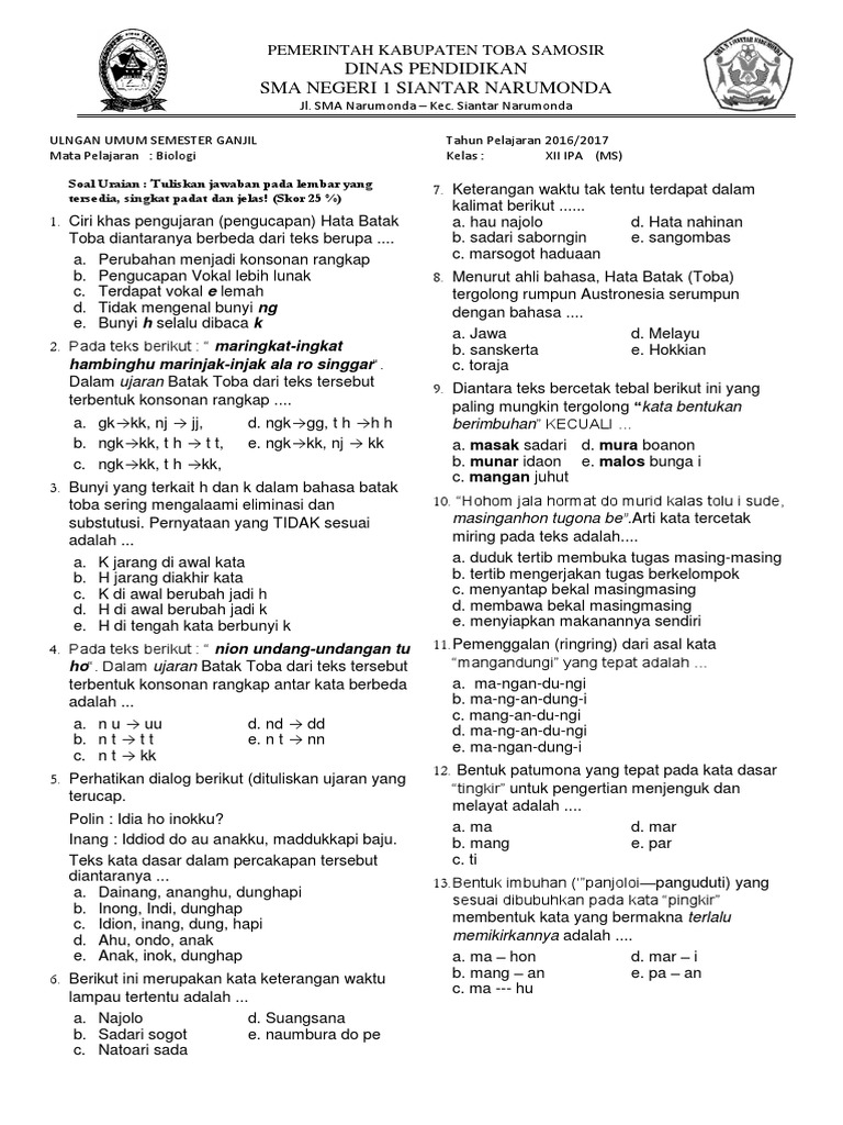 Soal Mulok Batakologi Sma