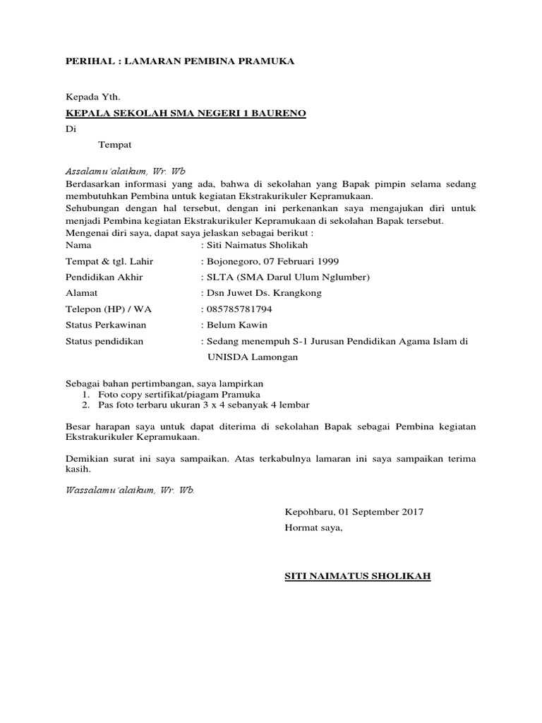 Surat Lamaran Pembina Pramuka