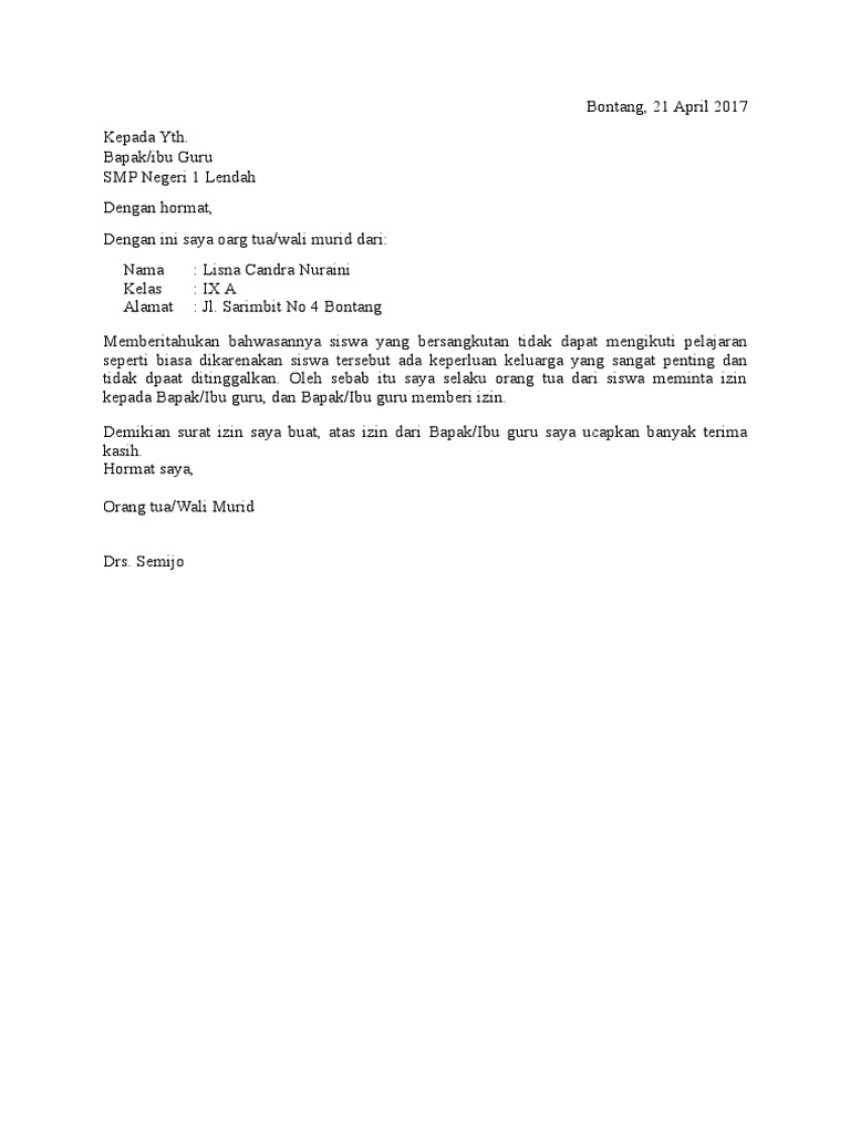 Contoh Surat Izin Tidak Masuk Sekolah Pdf