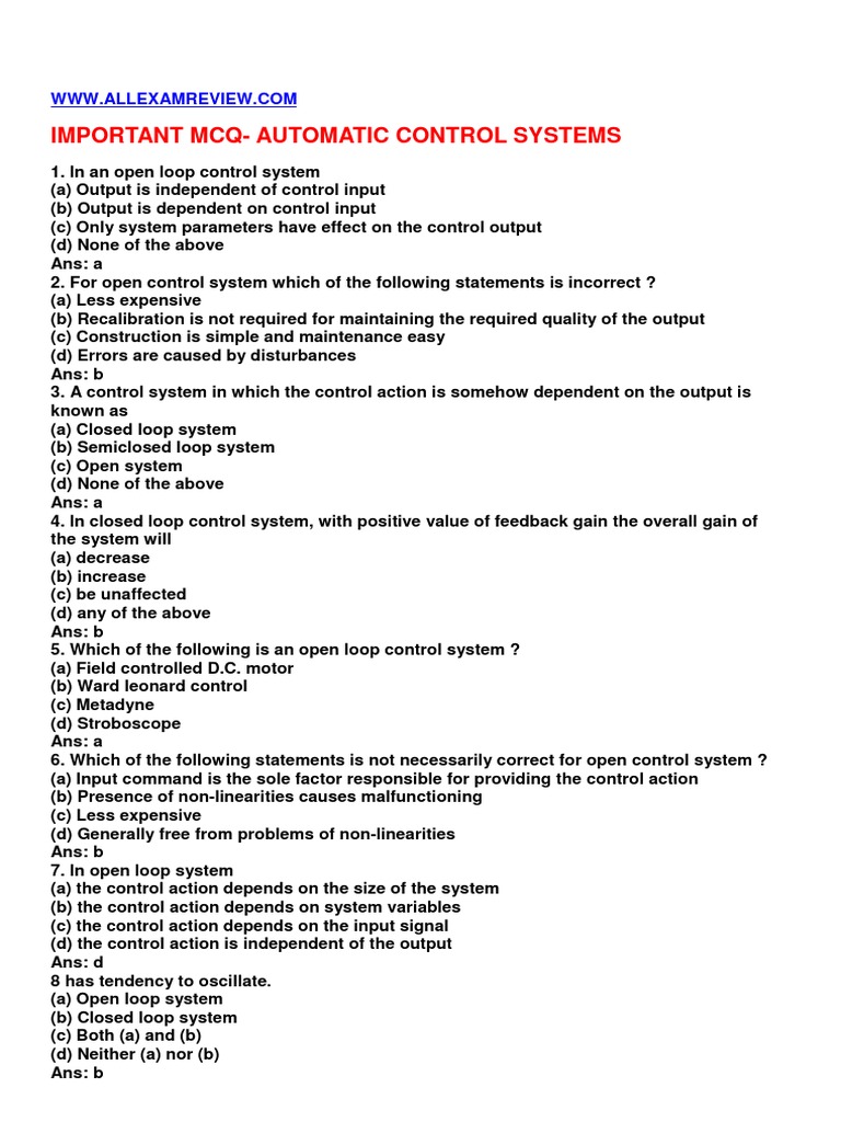 Important McqAutomatic Control Systems Control System Amplifier