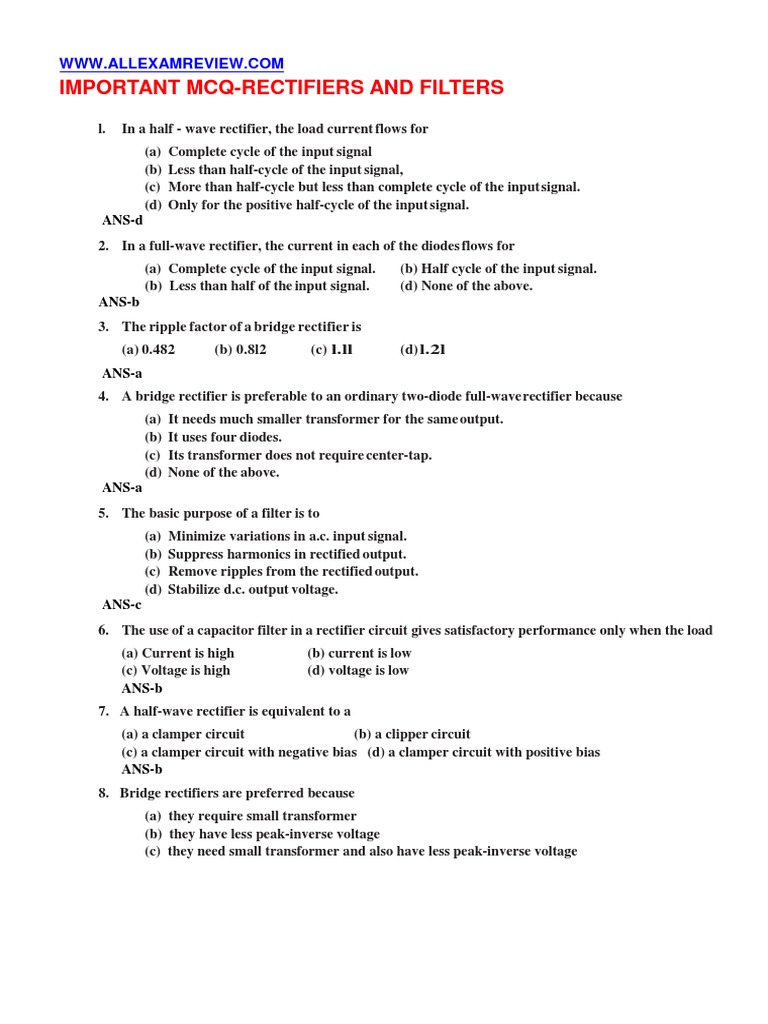 Important McqRectifiers and Filters PDF Rectifier Computer Engineering