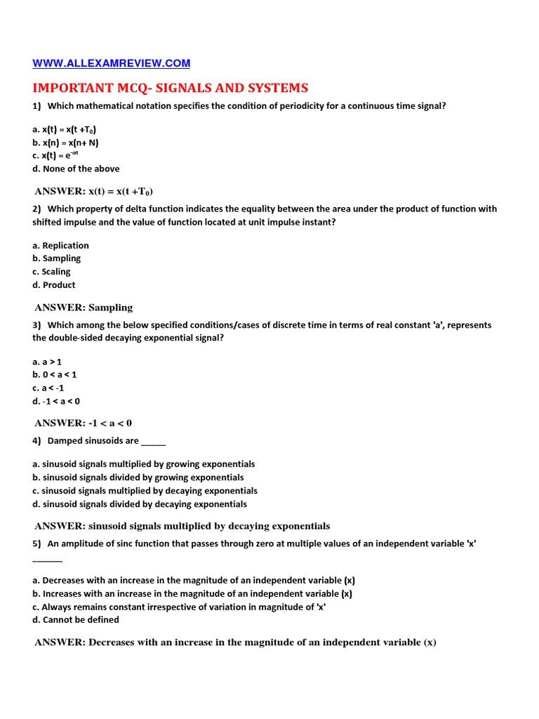 Signals and Systems MCQ Review | PDF | Spectral Density | Laplace Transform
