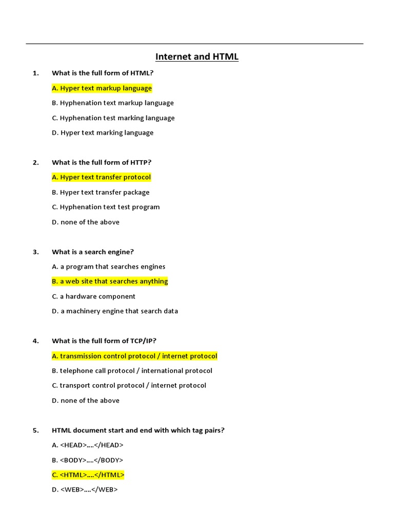 HTML and Internet Basics Quiz | PDF | Web Page | World Wide Web