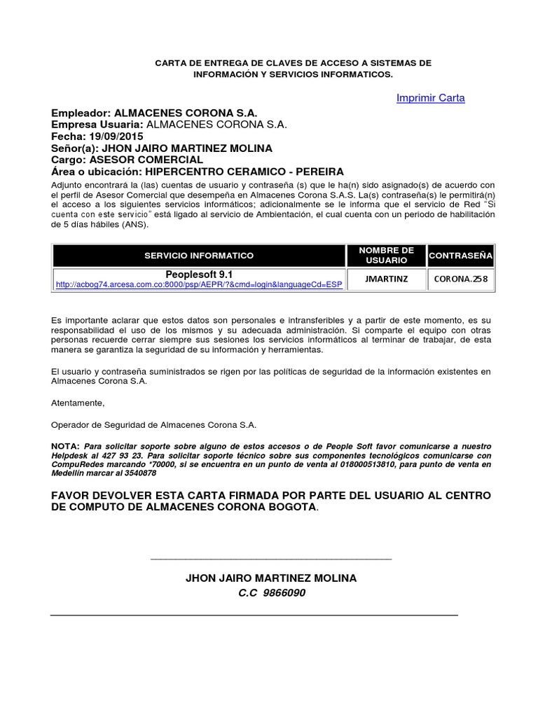 Carta de Entrega de Claves de Acceso a Sistemas de Información y