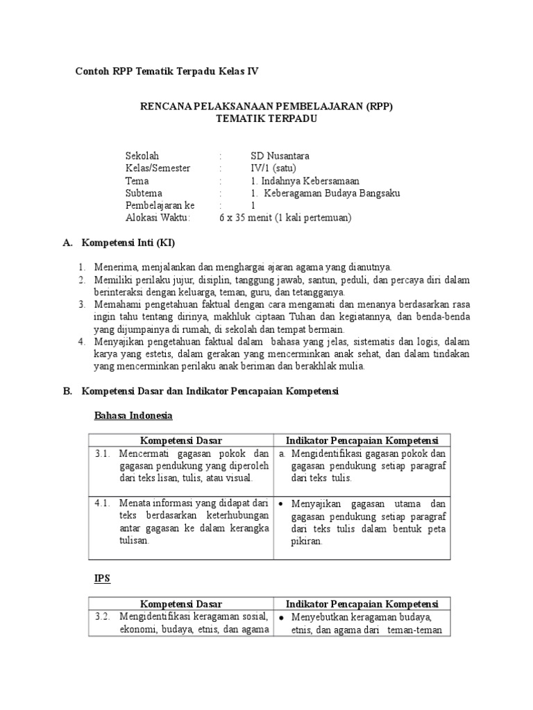 Contoh RPP Tematik Terpadu Kelas IV (Baru)