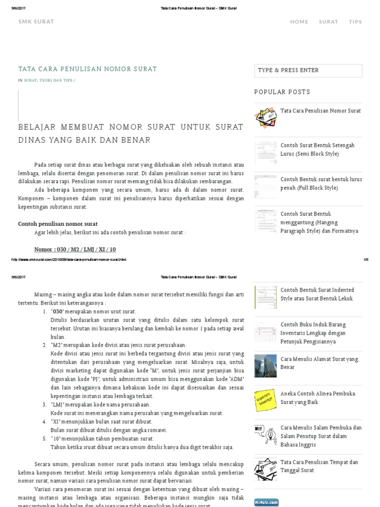 Tata Cara Penulisan Nomor Surat SMK Surat PDF