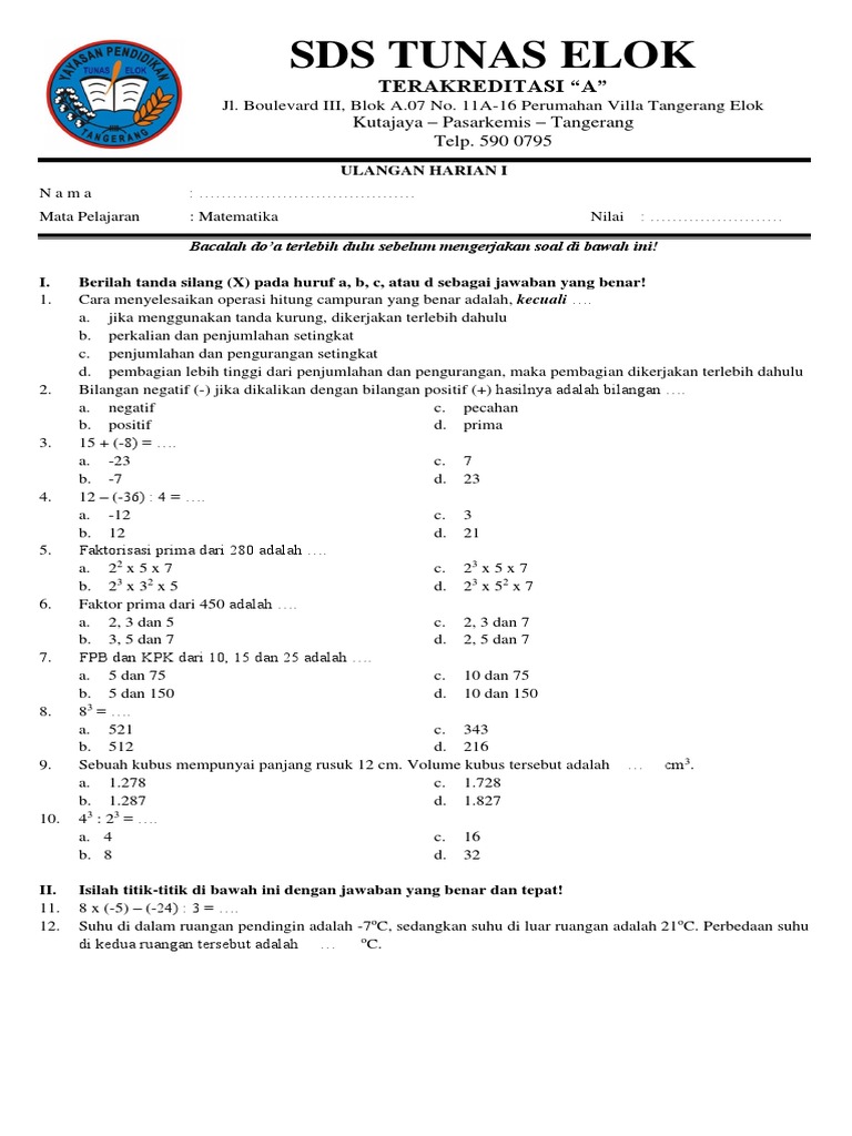 Ulangan Harian Matematika Kelas 6