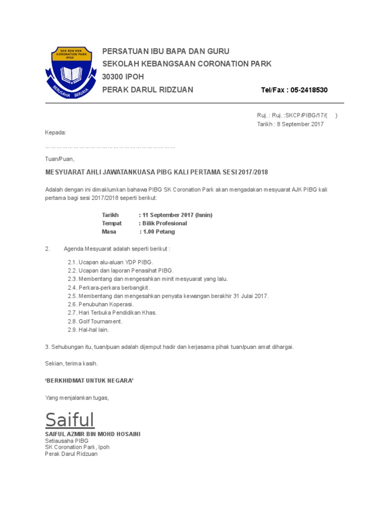 Contoh Surat Panggilan Mesyuarat Jawatankuasa Kurikulum Sekolah Kali Ke 2