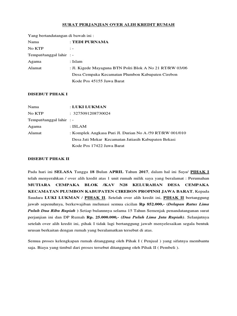 Surat Perjanjian Over Alih Kredit Rumah