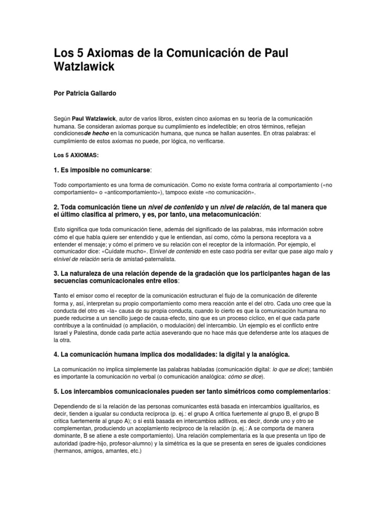 Los 5 Axiomas de La Comunicación de Paul Watzlawick PDF Axioma Comunicación