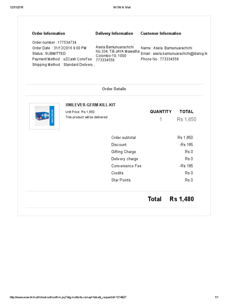 Order Information Delivery Information Customer Information: Total Rs ...