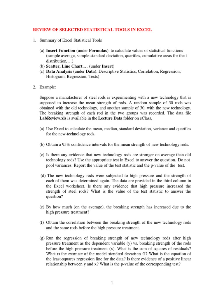 Analysis of Steel Rod Strength Data Using Statistical Tools in Excel PDF Errors And