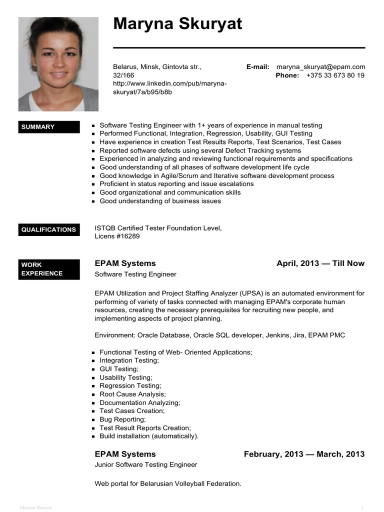 Software Testing Engineer CV of Maryna Skuryat | PDF | Software Testing ...