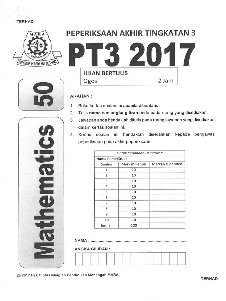 MARA PT3 Mathematics Paper With Answer | PDF