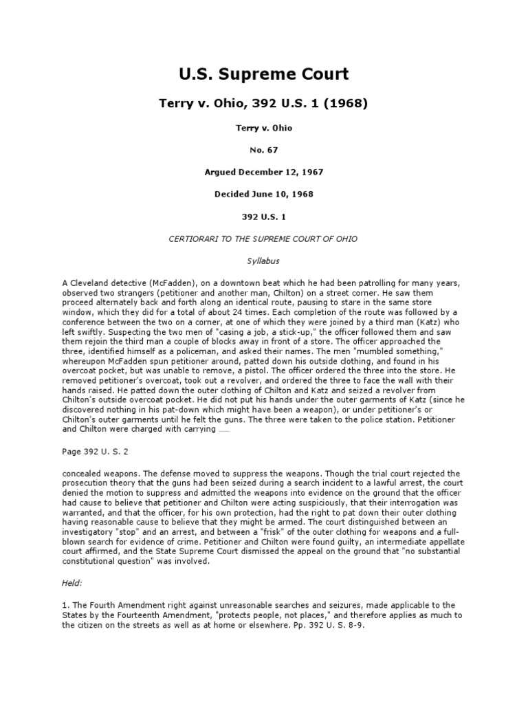 U.S. Supreme Court | PDF | Search And Seizure | Terry V. Ohio